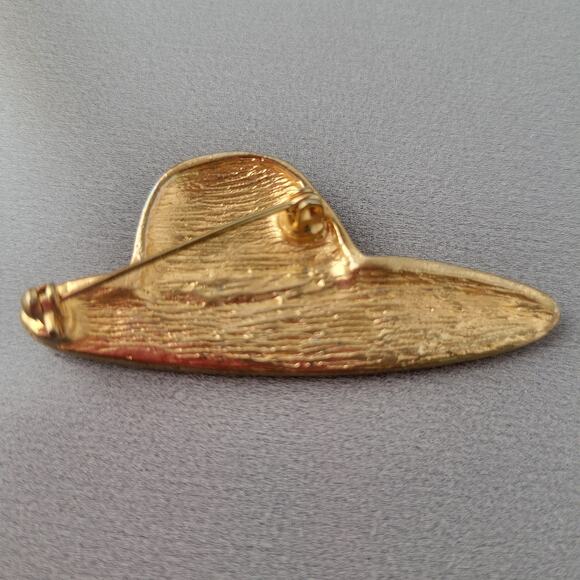 Vintage Pink Peach Enamel Hat Brooch Pin with Rhinestones, 2.17" Wide, Gift Box - Picture 8 of 8